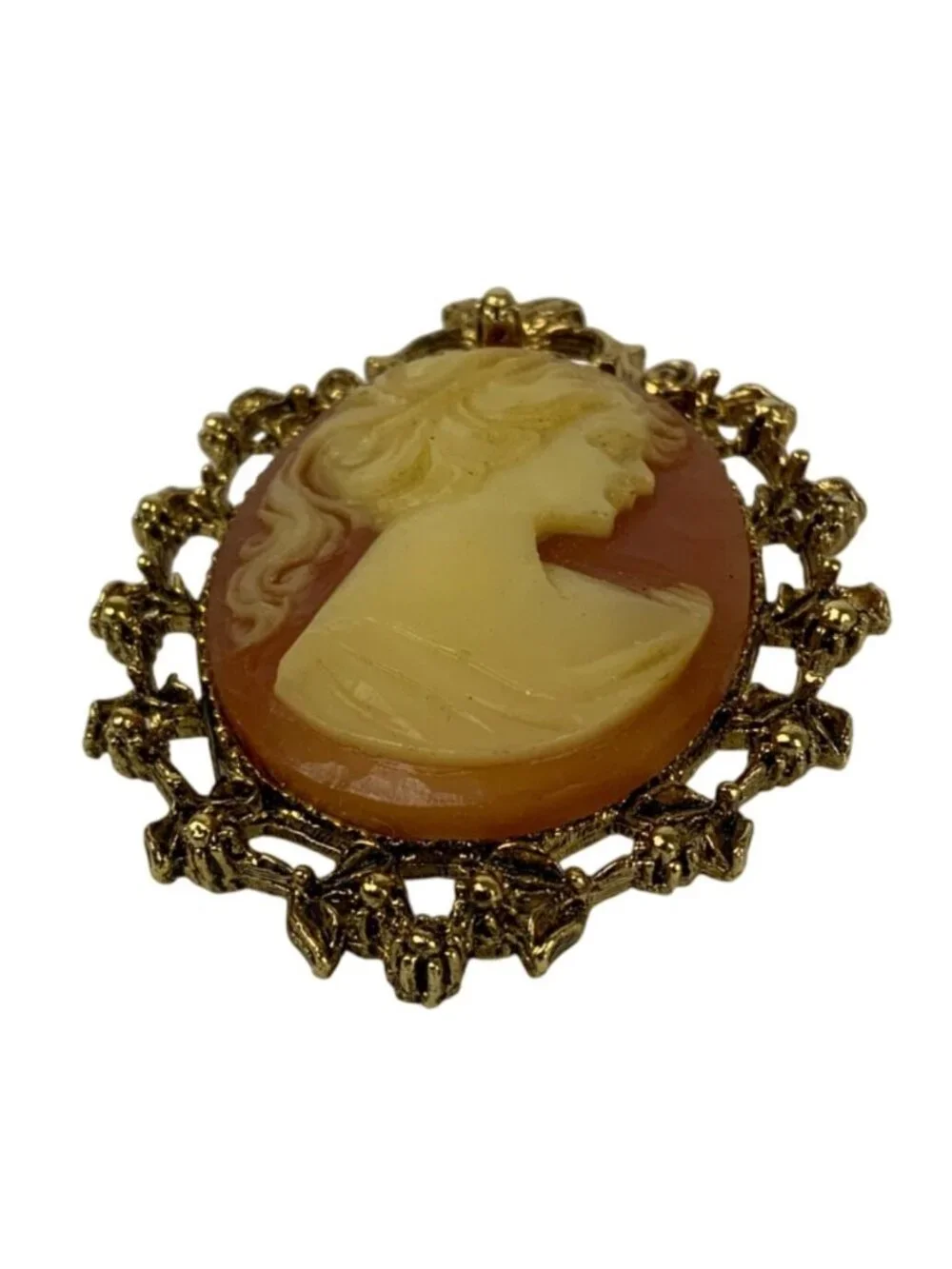 Vintage Victorian Revival Cameo Brooch Coral Cream Resin Gold Tone Floral Frame